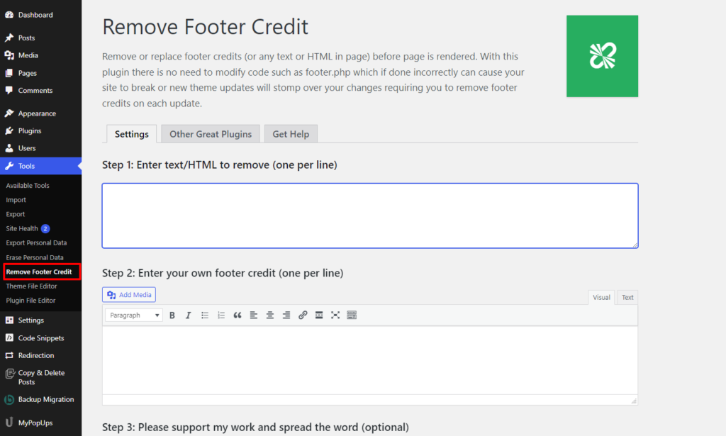 removing footer credit
